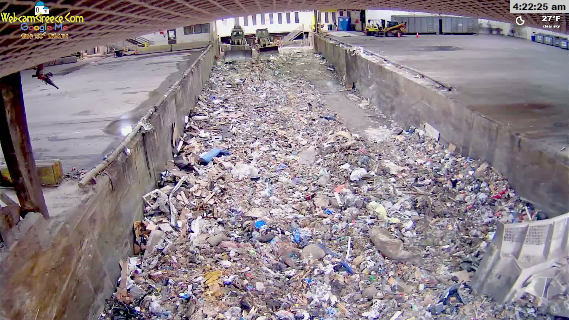 A large pile of trash fills a long, concrete-walled trough under a clear sky at 27°F.