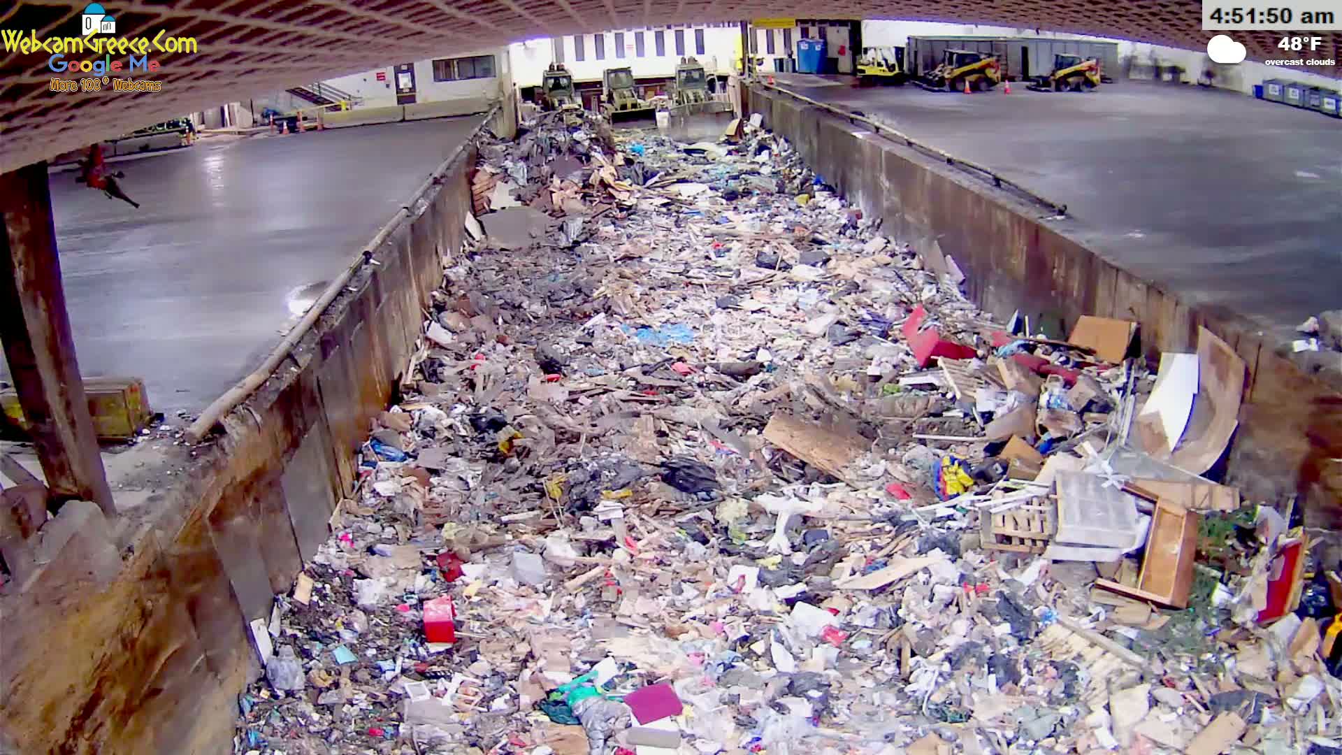 A large pile of trash fills a concrete trough under an overcast sky at 48°F.