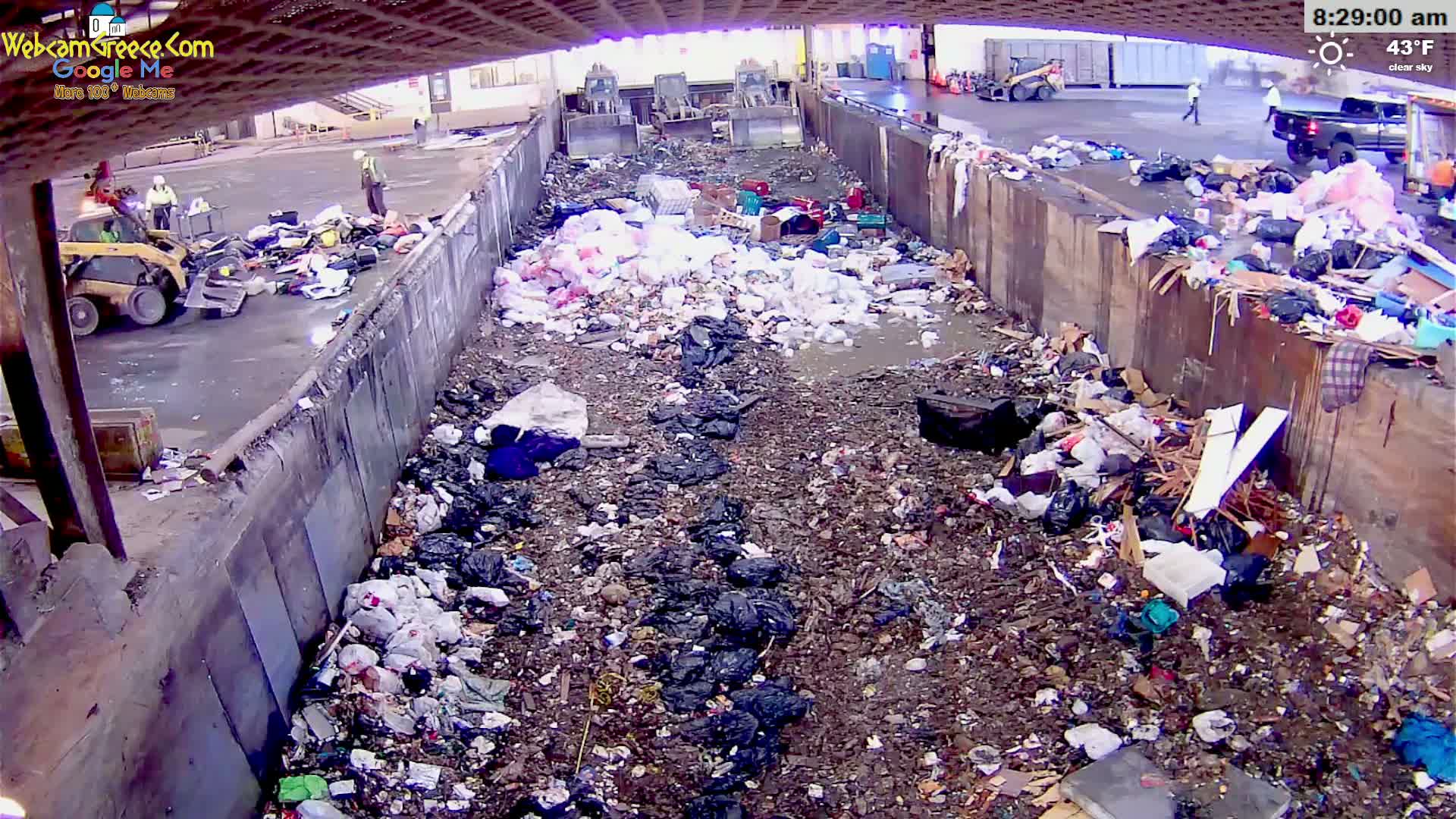 A large amount of trash and debris fills a wide, concrete-lined trough outdoors on a clear, 43°F day.