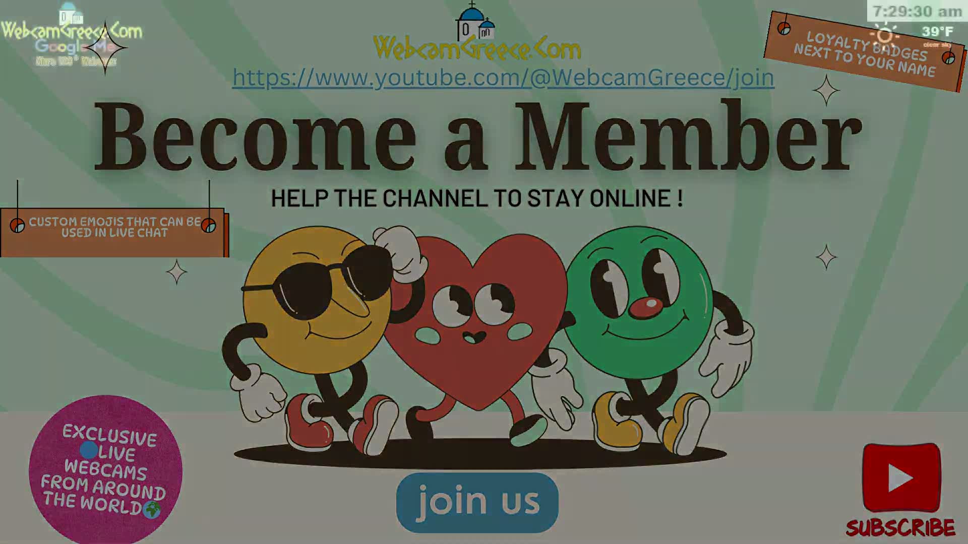 Three cartoon characters, a yellow circle, a red heart, and a green circle, are walking together against a light green background under clear skies at 39°F.