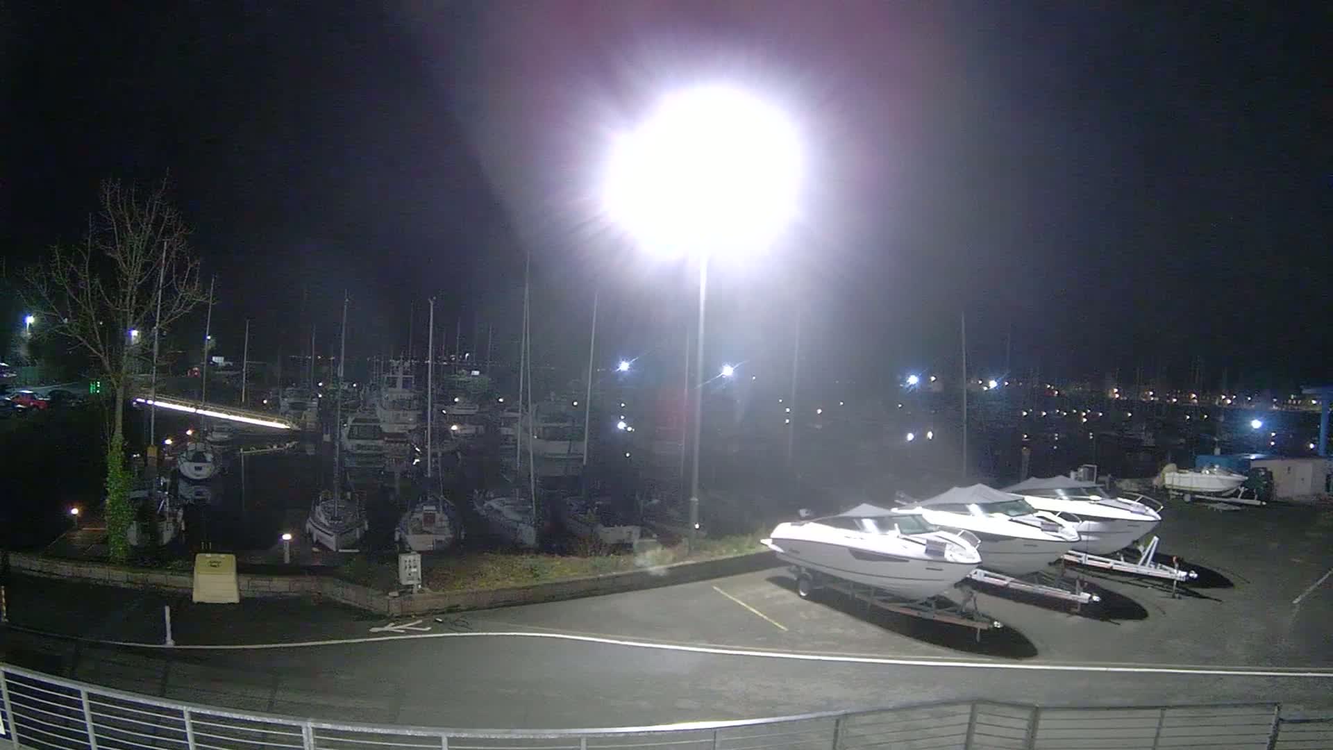 At night, under bright lights, several white boats are parked on land next to a marina filled with numerous docked sailboats.