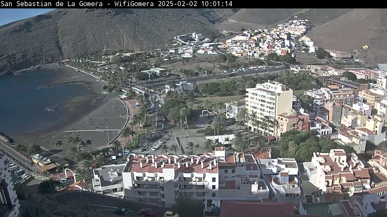 A coastal town with a dark-sand beach and buildings nestled against a hillside on a sunny day.