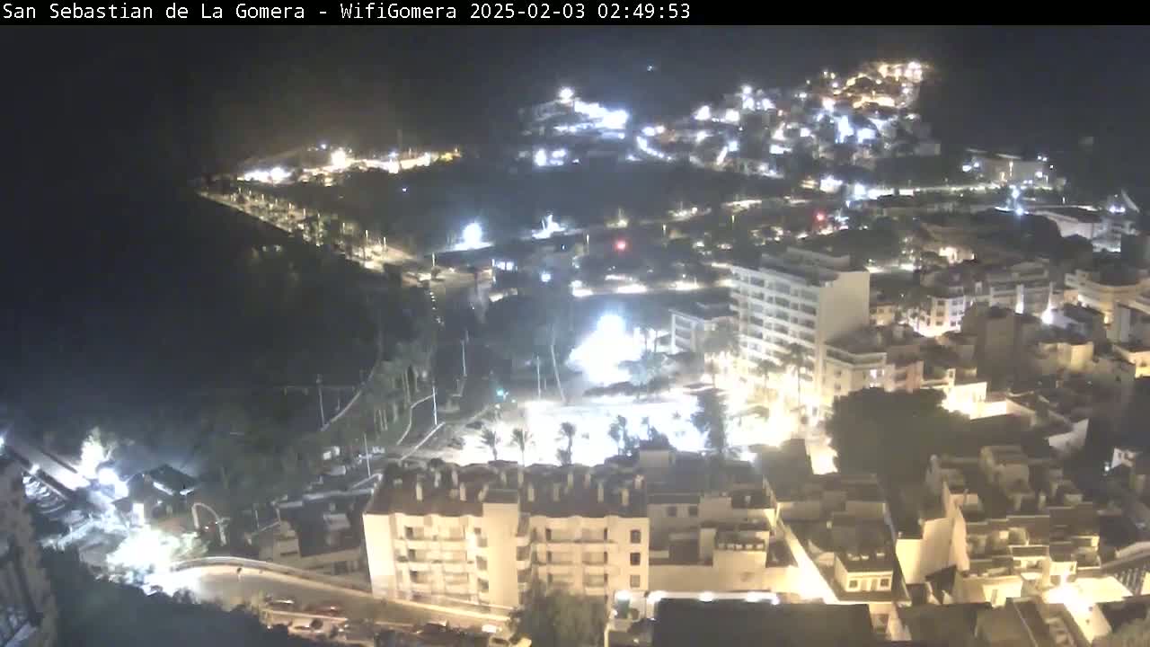 A nighttime aerial view shows a coastal town with buildings illuminated, roads, and some vegetation.