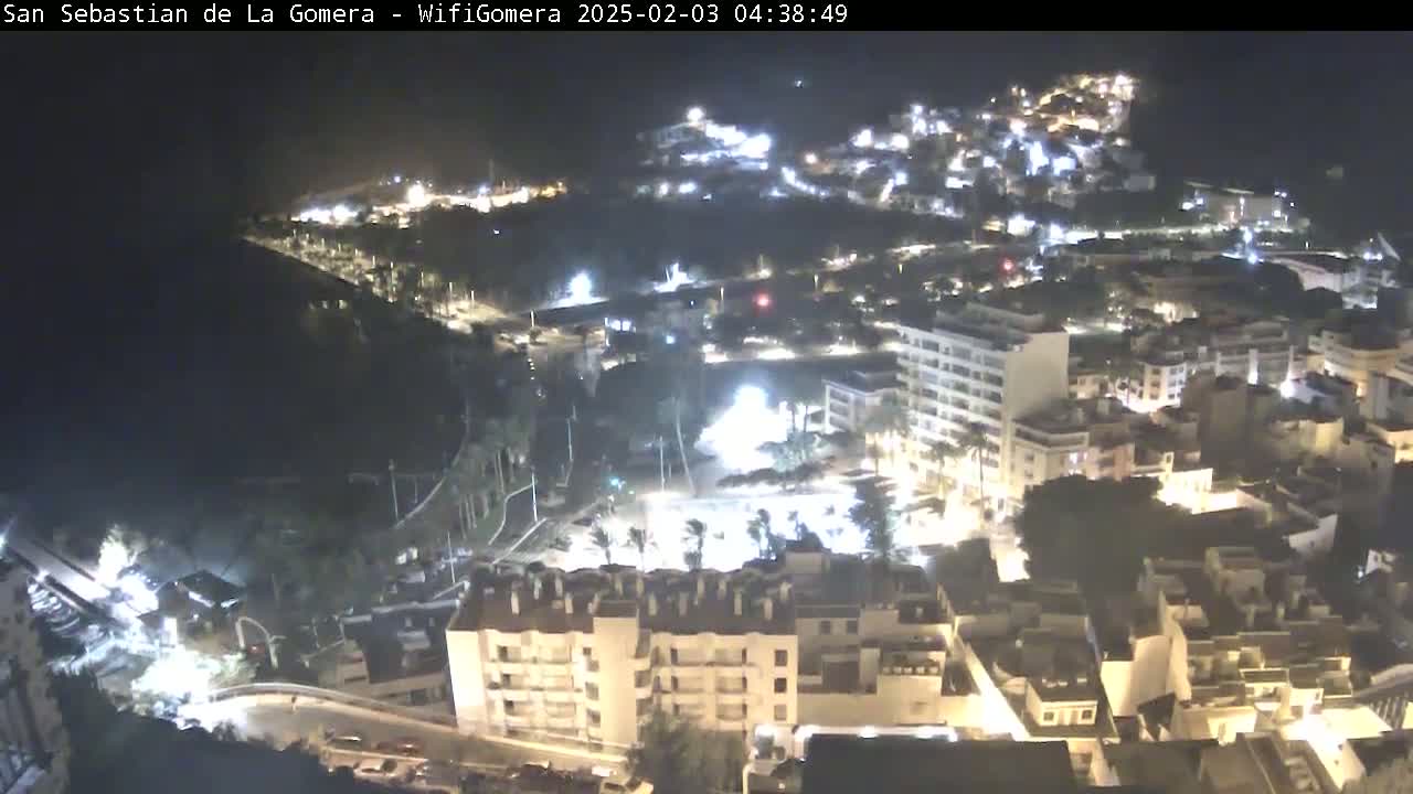A nighttime aerial view of a coastal town with buildings illuminated, and a dark ocean in the background.