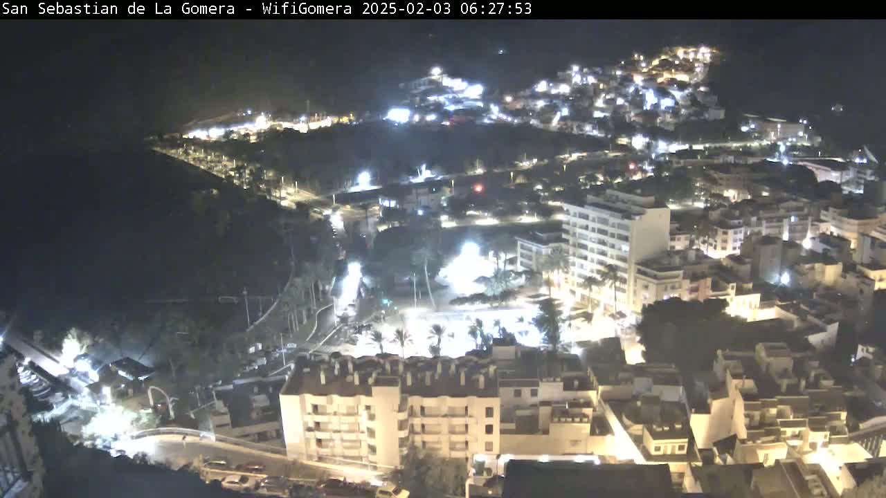 A nighttime, high-angle view of a coastal town illuminated by streetlights, with dark water visible in the distance.