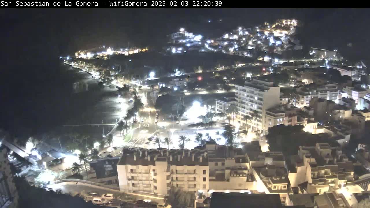 A nighttime aerial view of a coastal town shows brightly lit buildings, streets, and a dark beach.