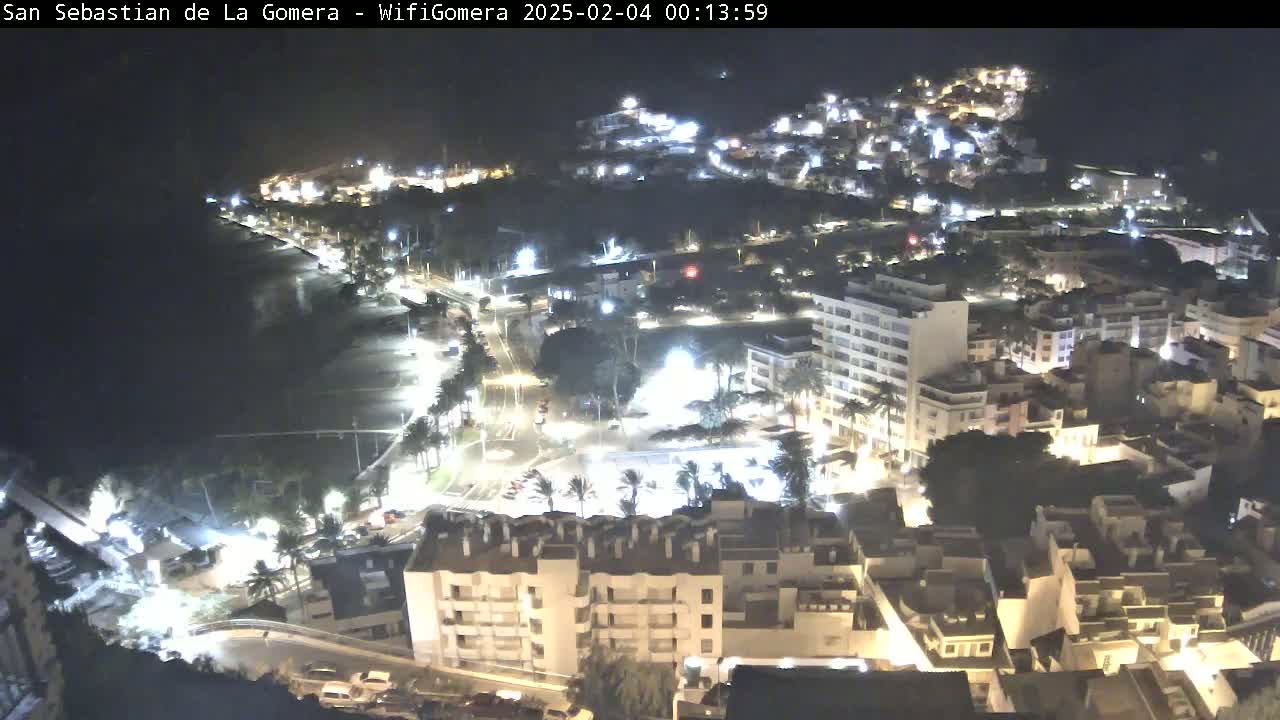 A nighttime aerial view of a coastal town with brightly lit buildings and a dark beach.