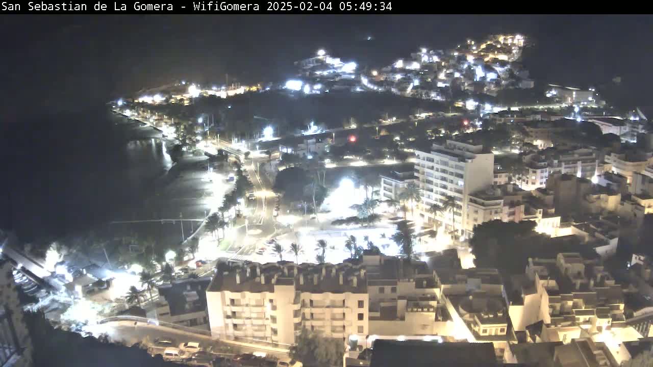 A nighttime aerial view of a coastal town with its buildings illuminated, a dark ocean visible in the lower left, and a clear night sky.