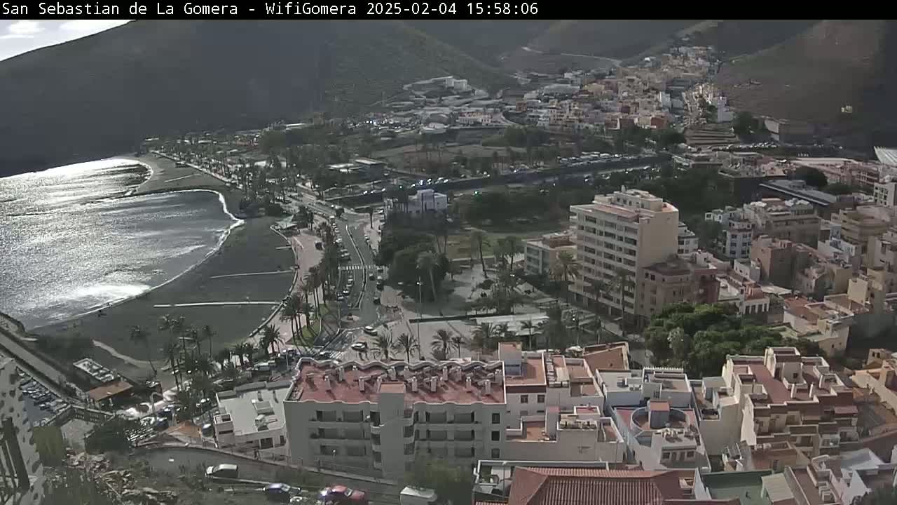 A coastal town with a black sand beach and buildings nestled into a hillside under a mostly sunny sky.