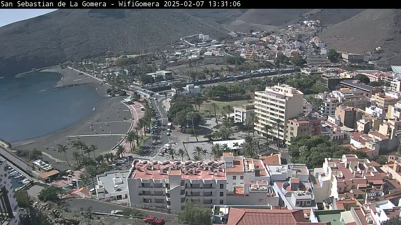 A coastal town with a black sand beach is seen from an elevated viewpoint on a sunny day, showing buildings, palm trees, and a calm body of water.