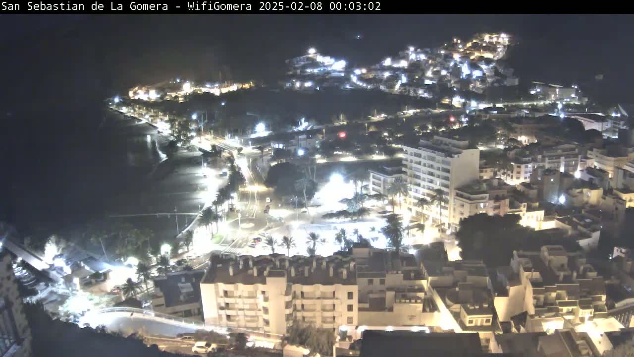 A nighttime aerial view of a coastal town, showing illuminated buildings and streets alongside a dark ocean.