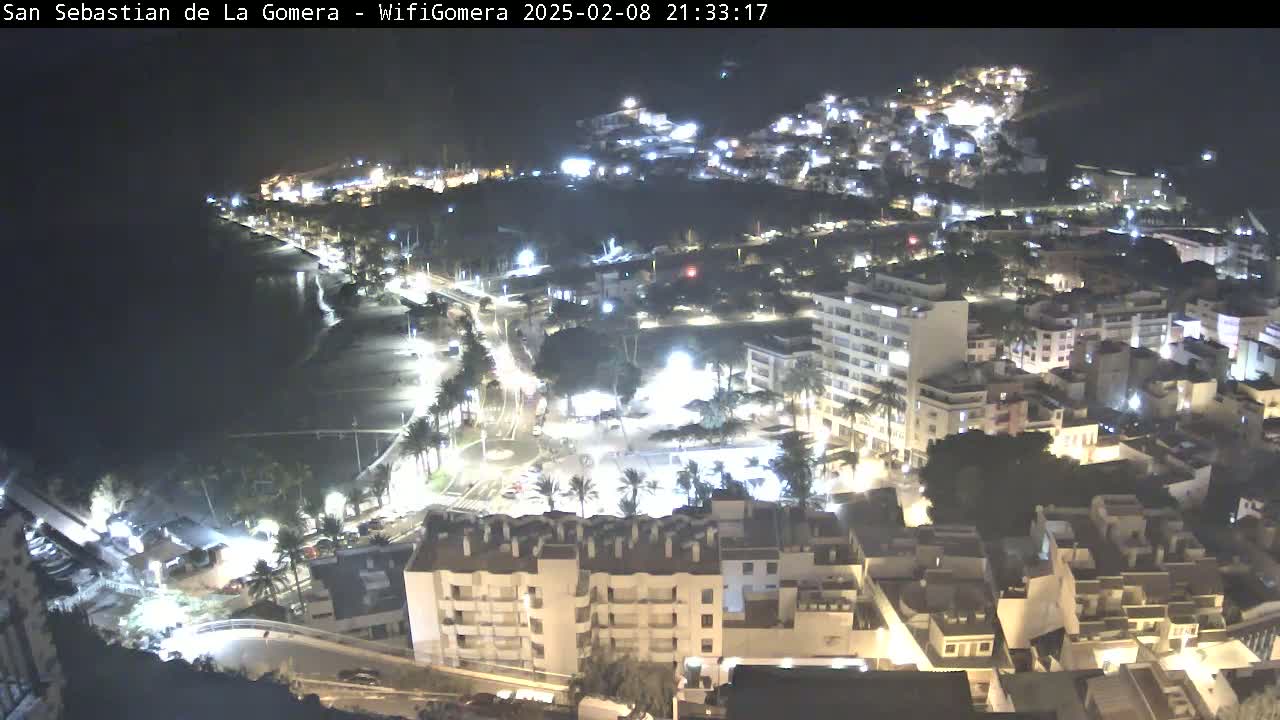 A nighttime aerial view of a coastal town, showing brightly lit buildings, streets, and a dark beach next to a calm body of water.