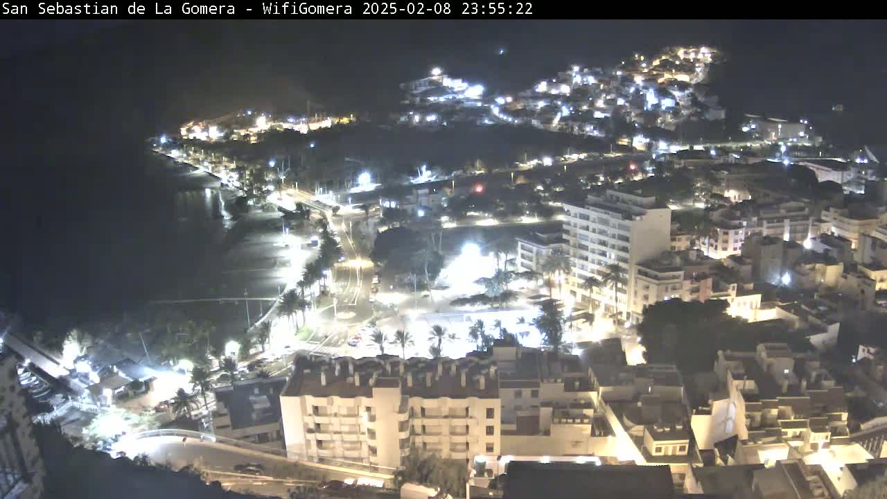 A nighttime aerial view shows a coastal town with buildings illuminated, a dark body of water, and palm trees lining a roadway.