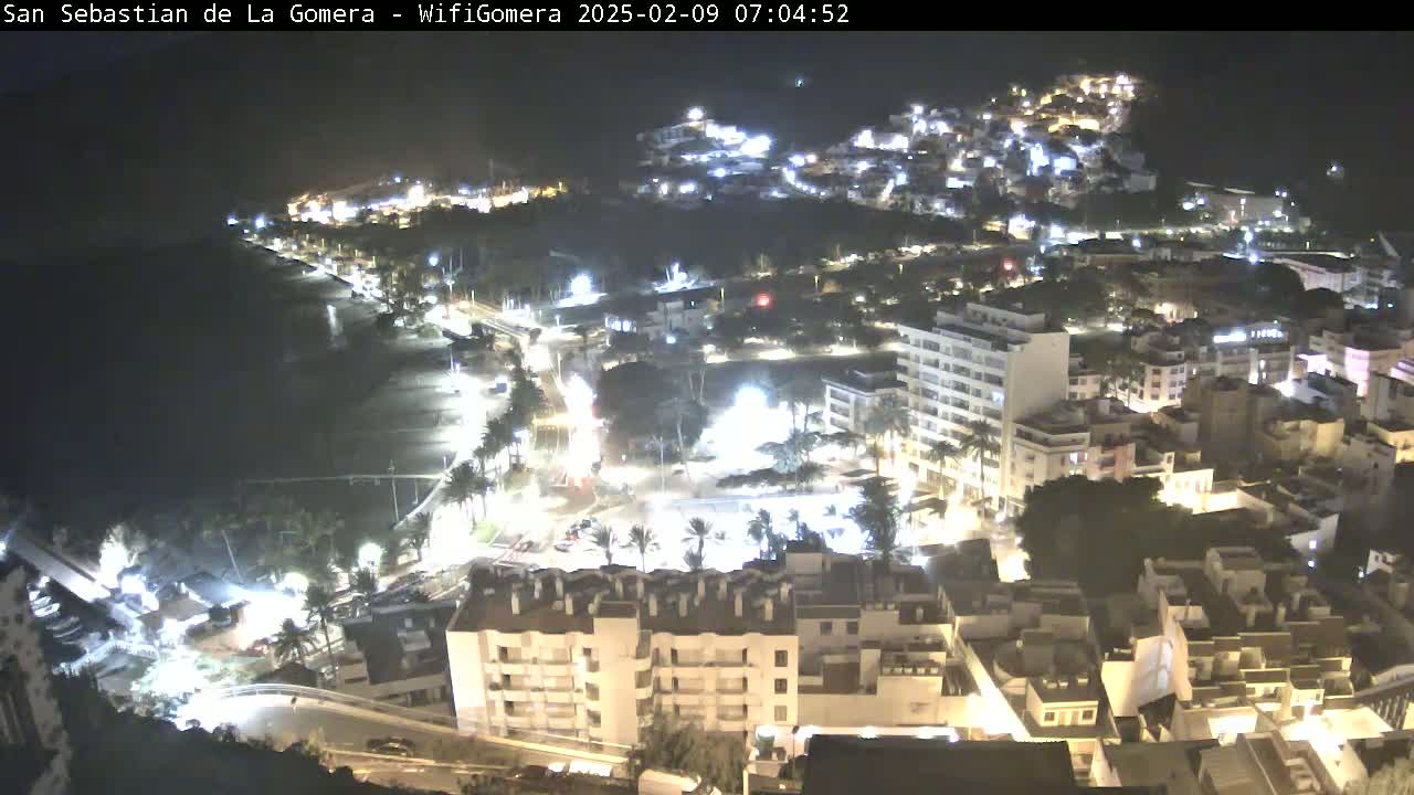 A nighttime aerial view shows a coastal town with brightly lit buildings, streets, and a dark beach next to a body of water.