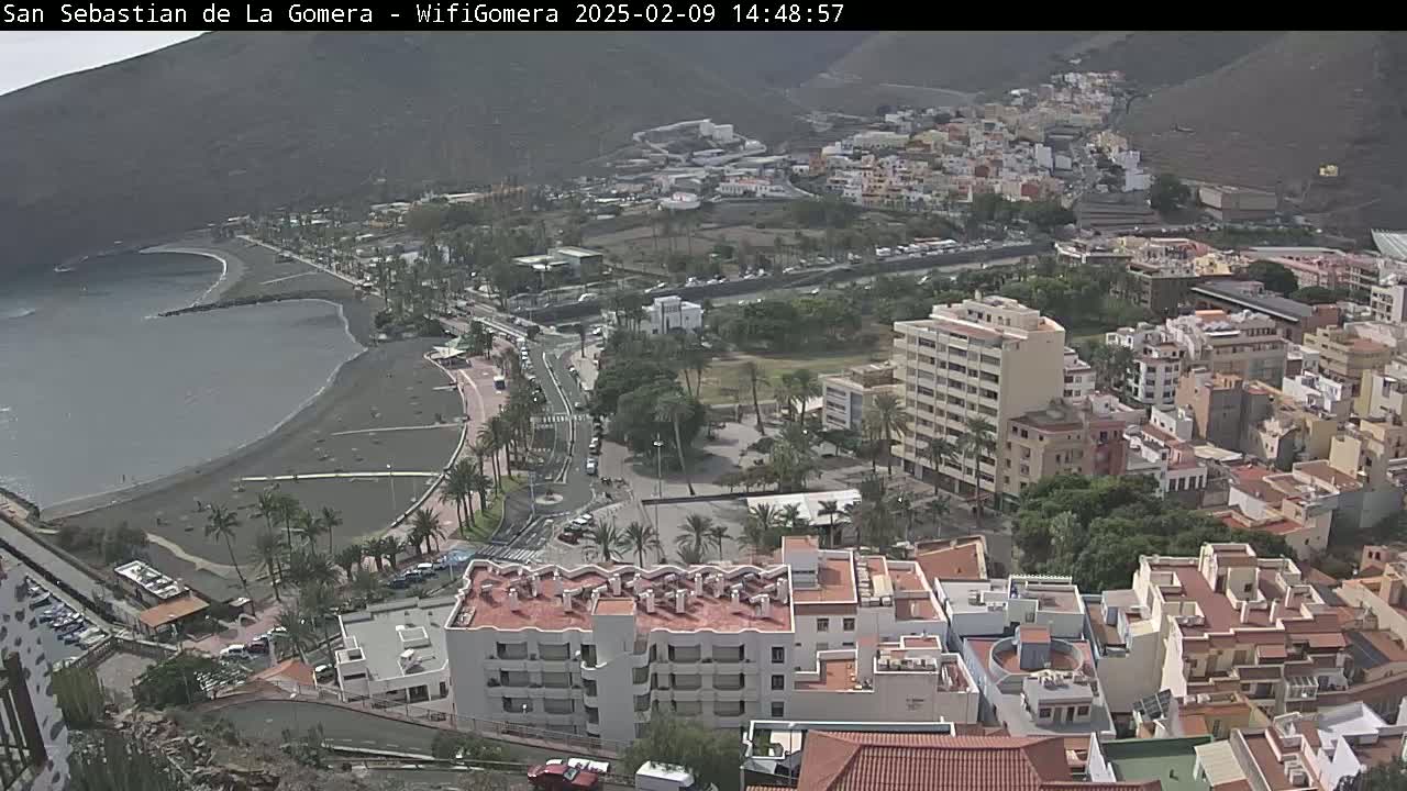 A coastal town with a dark-sand beach, buildings, and palm trees under a mostly sunny sky.