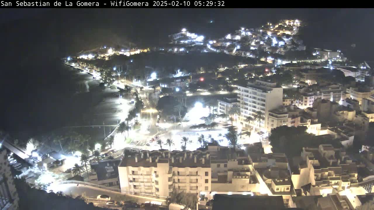 A nighttime aerial view of a coastal town, illuminated by streetlights, showing buildings, roads, and a dark beach.