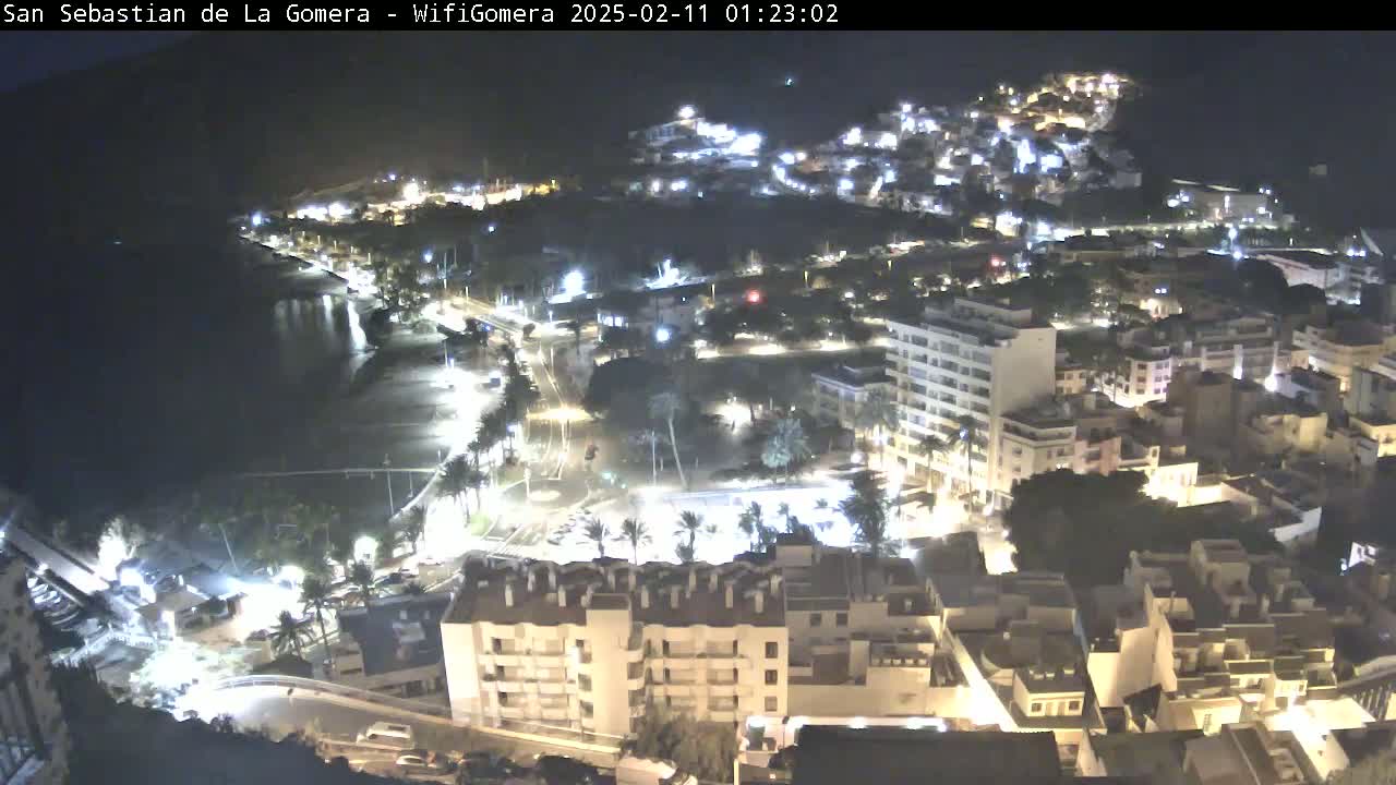 A nighttime, aerial view shows a coastal town with buildings illuminated, streets, and a dark ocean.