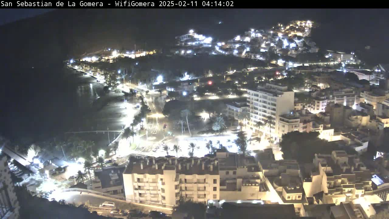 A nighttime aerial view of a coastal town, showing brightly lit buildings and streets alongside a dark ocean.