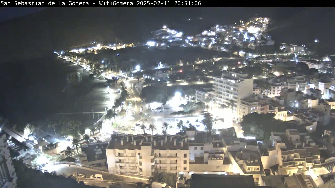 A nighttime, aerial view of a coastal town, illuminated with streetlights, showing buildings, roads, and a dark ocean in the background.