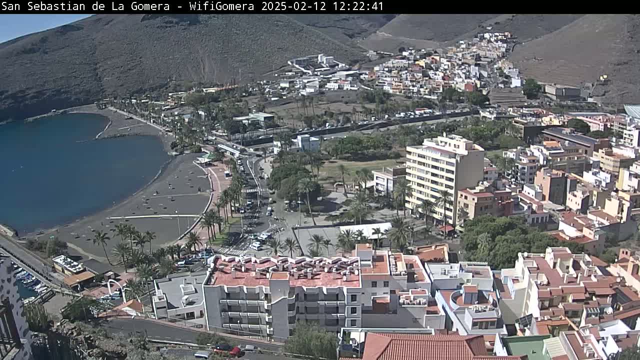 A coastal town with a dark-sand beach and buildings nestled against a hillside on a sunny day.