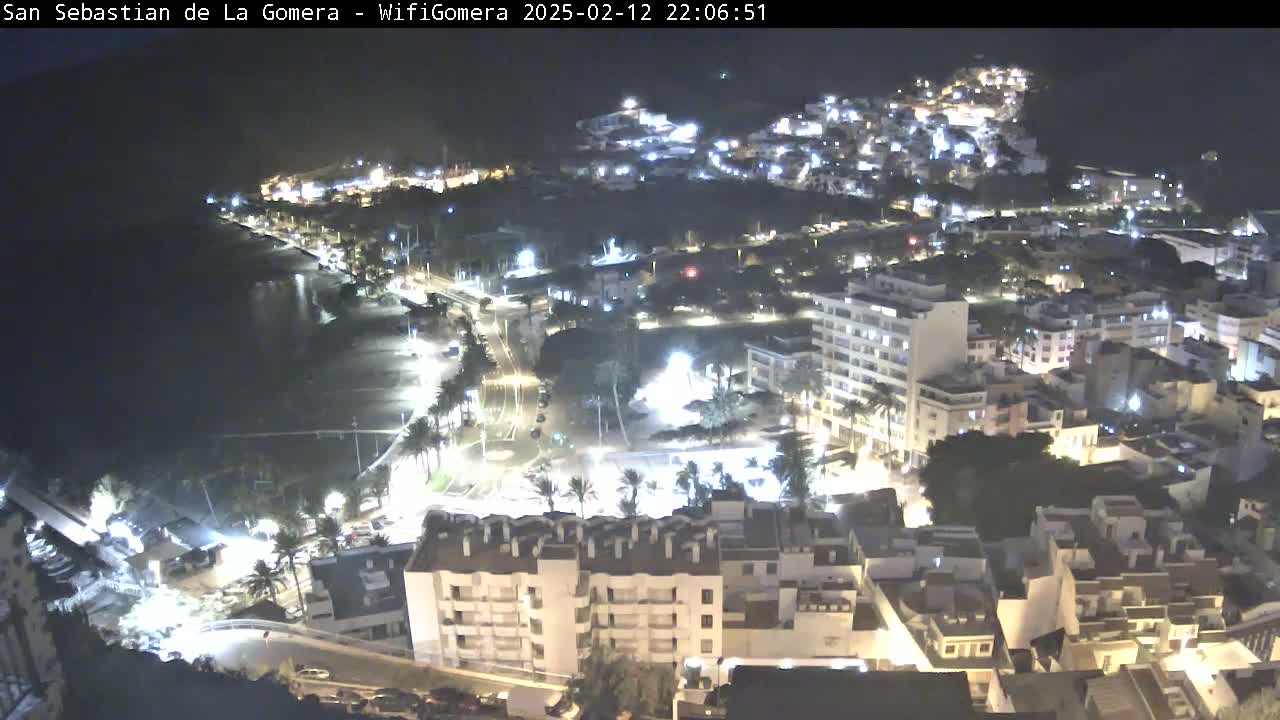 A nighttime aerial view of a coastal town shows brightly lit buildings, streets, and a dark ocean.