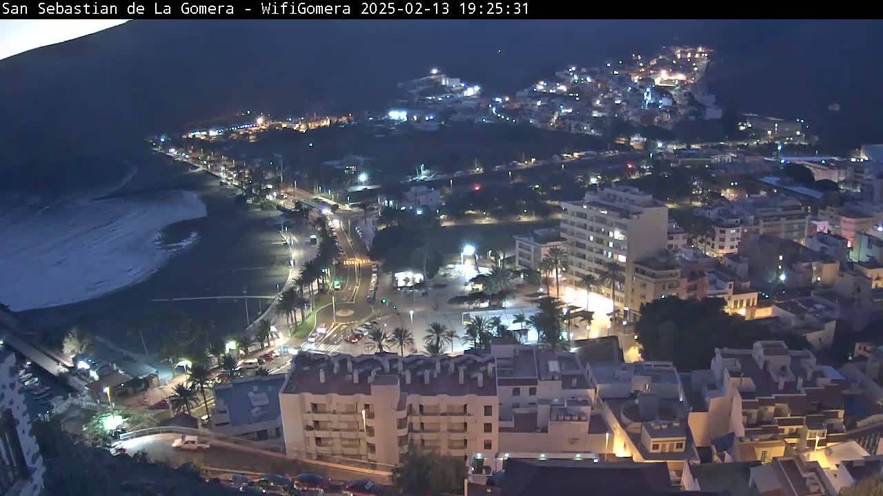 A nighttime aerial view of a coastal town with a beach, showing dark ocean waves, and illuminated buildings and streets.