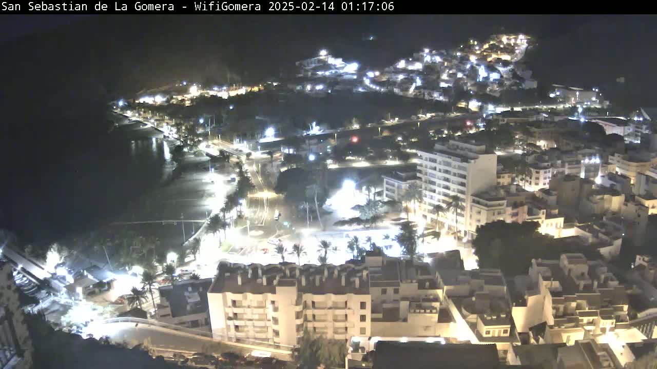 A nighttime aerial view of a coastal town shows buildings illuminated along a dark shoreline.