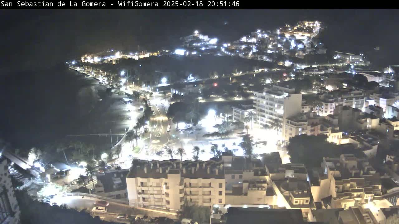 A nighttime, high-angle view shows a coastal town with brightly lit buildings and streets, extending down to a dark beach and ocean.