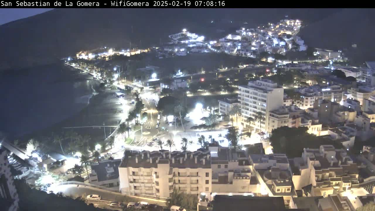 A nighttime aerial view of a coastal town with buildings illuminated along a dark body of water.