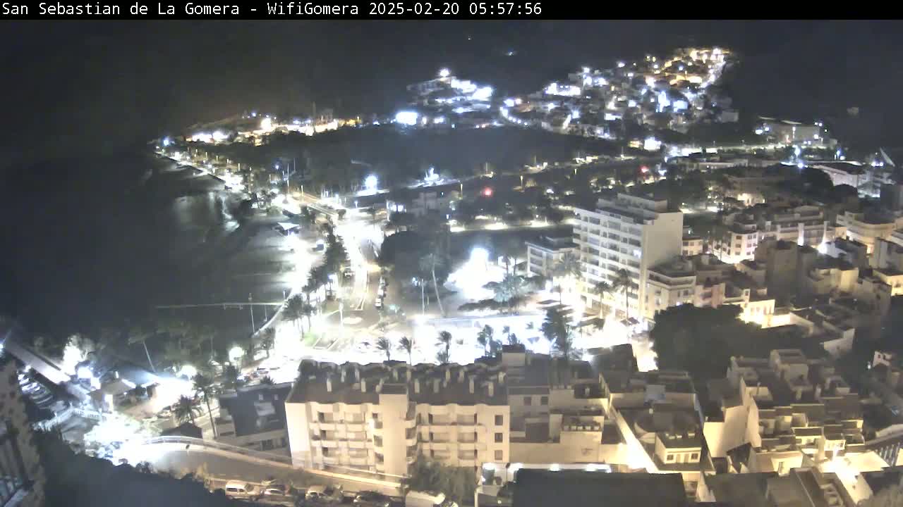 A nighttime, aerial view of a coastal town shows brightly lit buildings, roads, and a dark ocean.