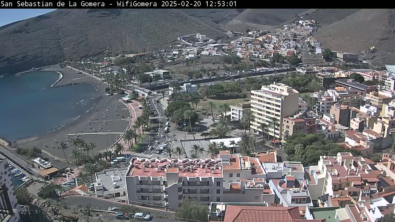 A coastal town nestled against a mountainside on a sunny day, featuring a dark-sand beach, palm trees, and numerous buildings.