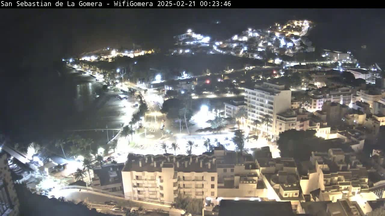 A nighttime aerial view of a coastal town, with its buildings and streets illuminated, under a clear, dark sky.