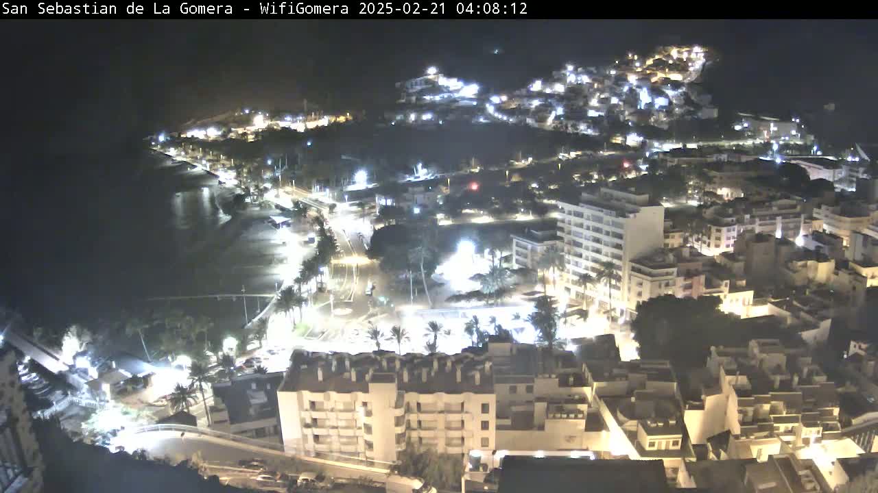 A nighttime aerial view of a coastal town with brightly lit buildings and a dark beach.