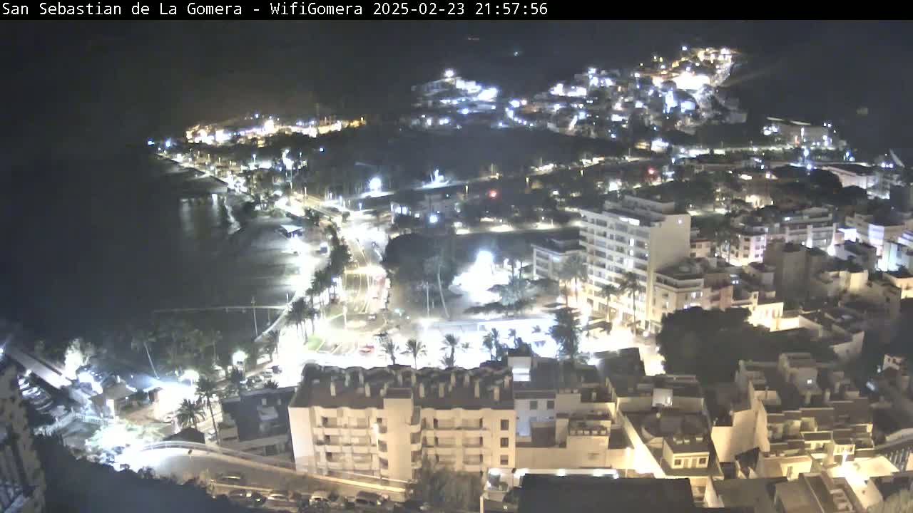 A nighttime aerial view of a coastal town with buildings lit up, streets illuminated, and a dark ocean in the background.