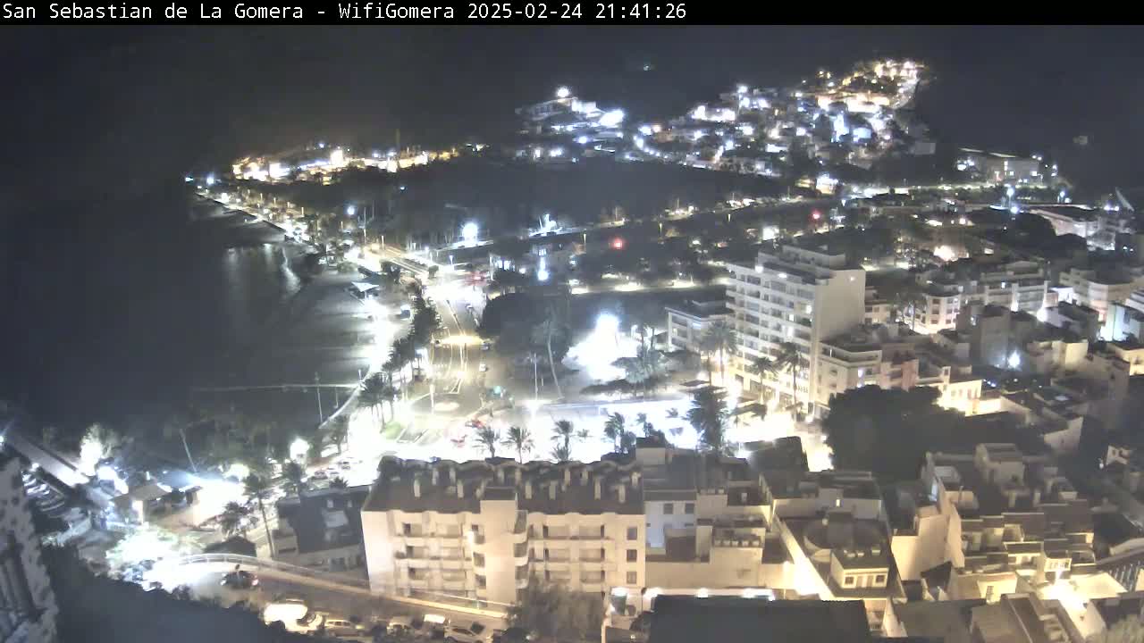A nighttime, aerial view of a coastal town shows a dark ocean, a beach with lights, and buildings illuminated against a dark sky.