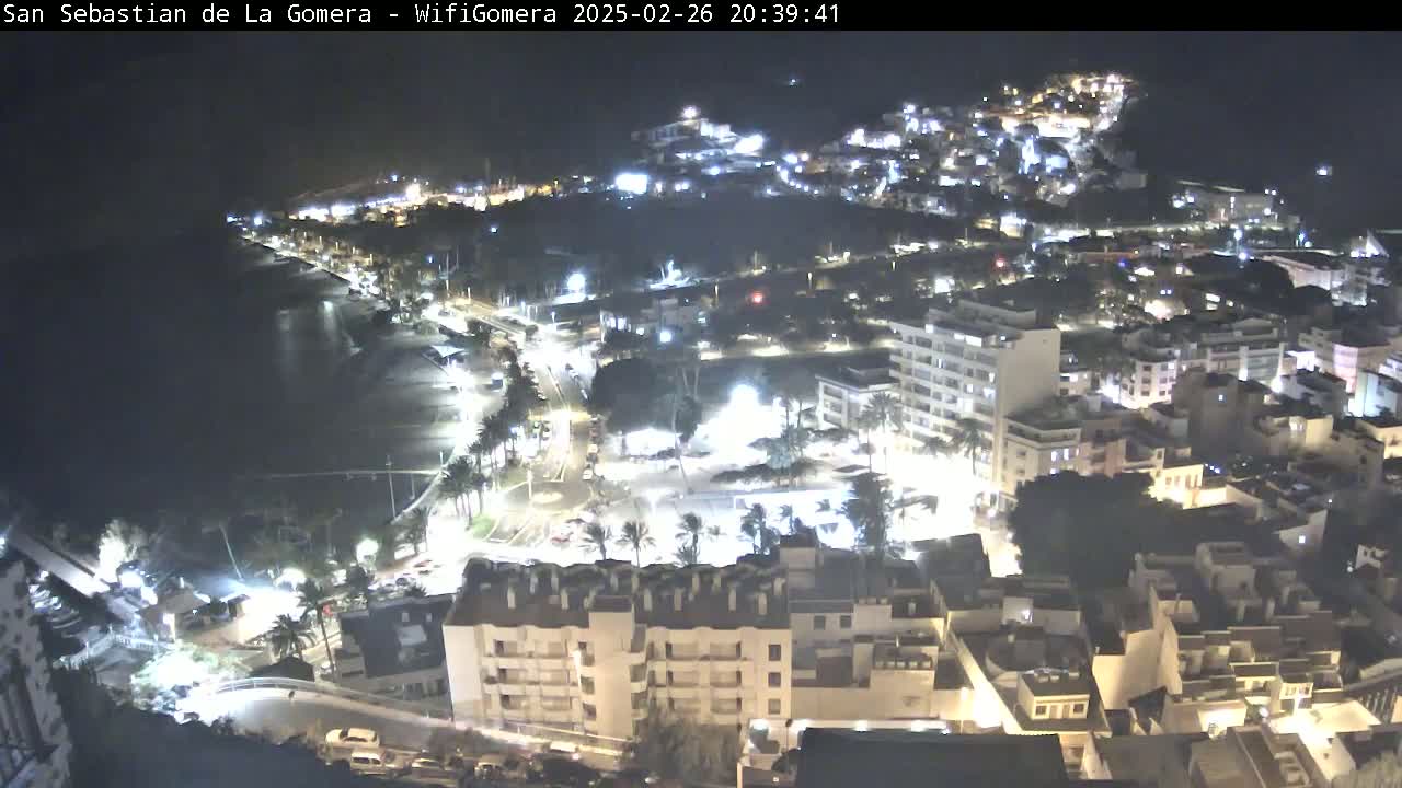 A nighttime aerial view shows a coastal town with brightly lit buildings and streets, and a dark ocean beside a beach.