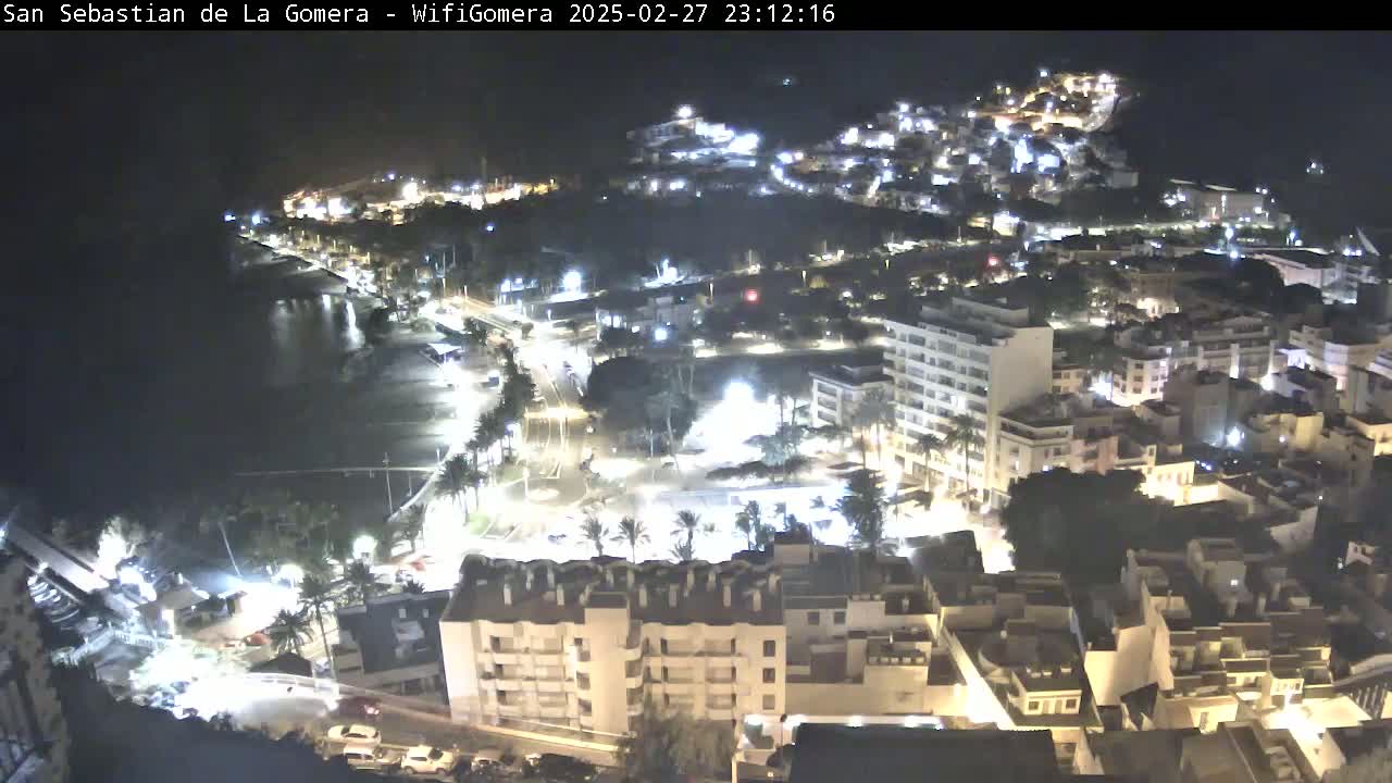 A nighttime aerial view of a coastal town shows a dark body of water next to a brightly lit beachfront area with numerous buildings and palm trees.