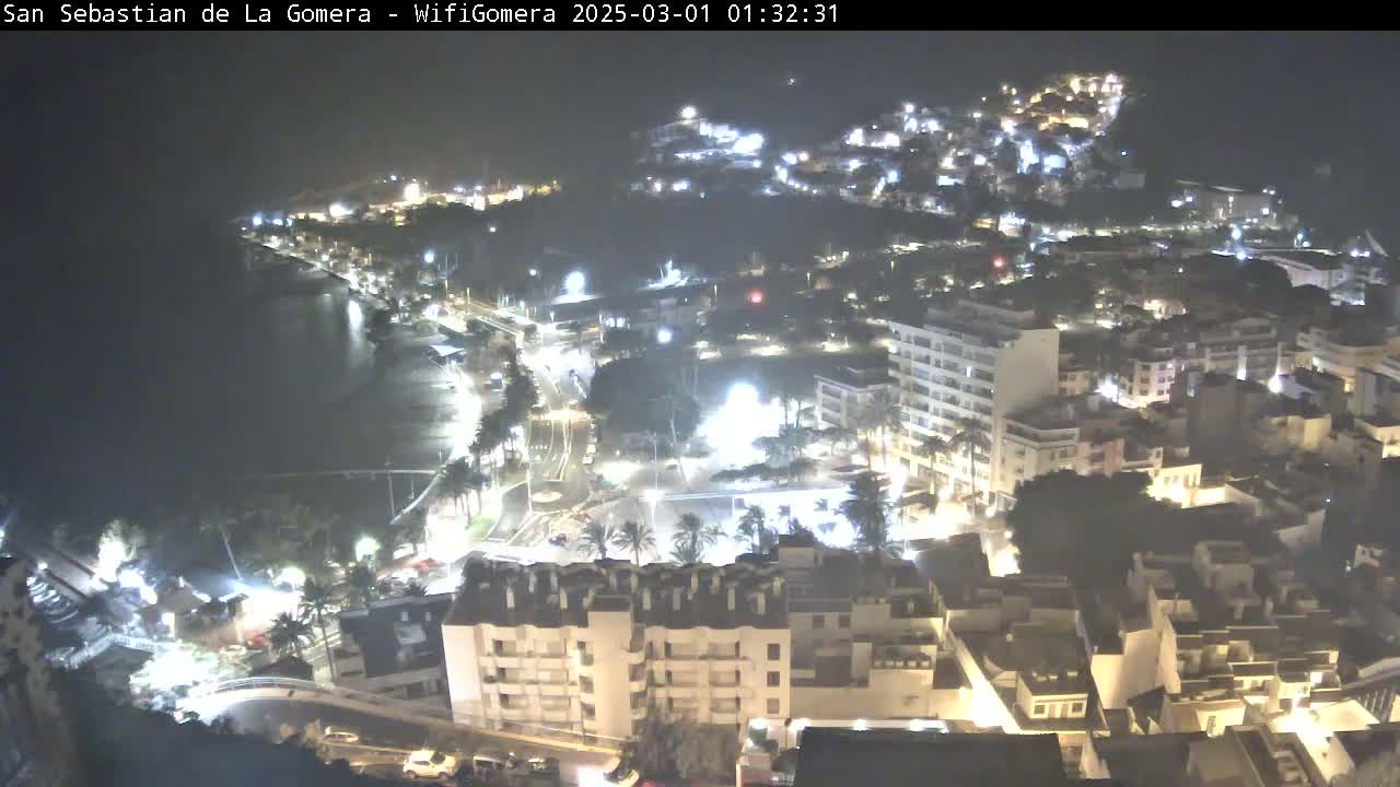 A nighttime aerial view of a coastal town, illuminated with lights, next to a dark body of water under a clear, dark sky.