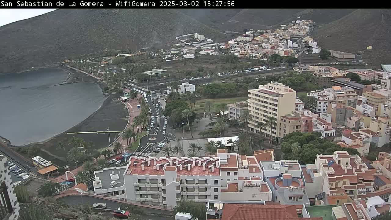 An elevated view of a coastal town on a cloudy day, showing a dark-sand beach, calm water, buildings, and palm trees.