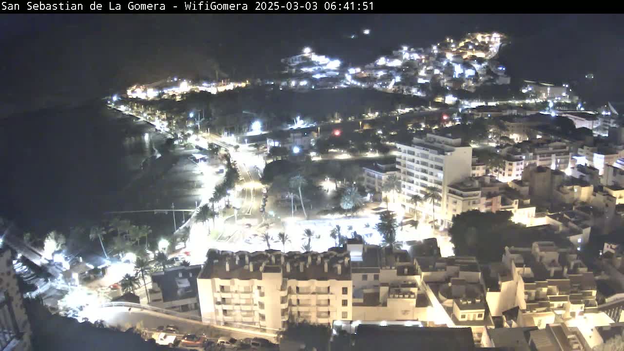 A nighttime aerial view of a coastal town shows brightly lit buildings clustered around a dark body of water, with streets and palm trees illuminated.