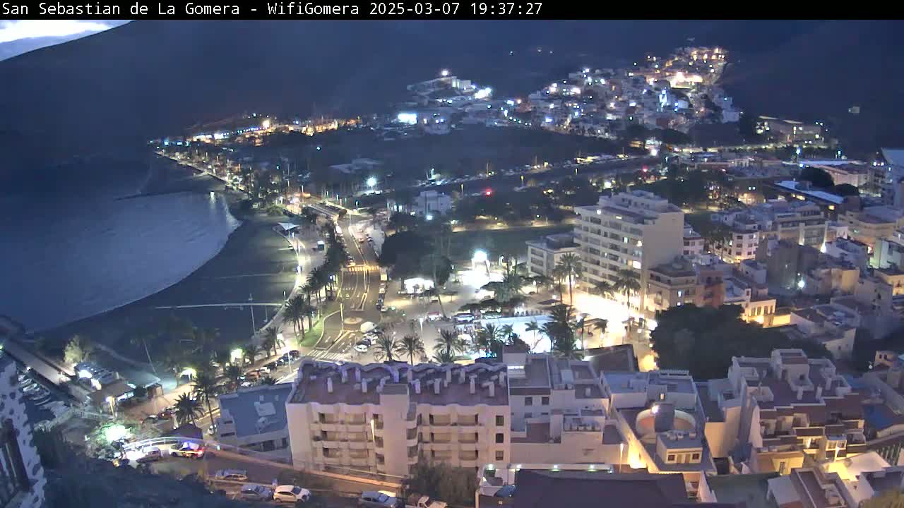 A nighttime aerial view of a coastal town with a dark ocean, illuminated streets, and buildings.