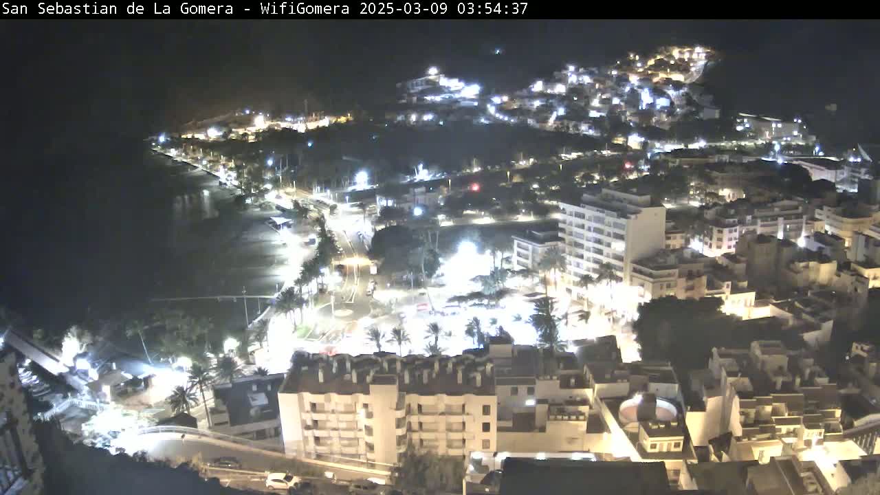 A nighttime aerial view of a coastal town shows brightly lit buildings and streets surrounding a dark beach and ocean.