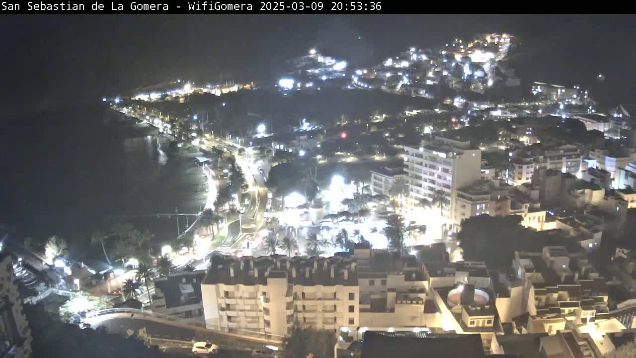 A nighttime aerial view of a coastal town with brightly lit buildings, streets, and a dark ocean.
