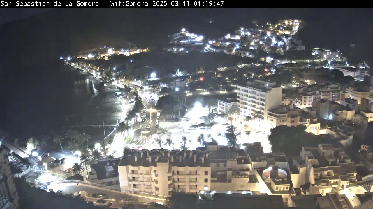 A nighttime aerial view of a coastal town shows brightly lit buildings, streets, and a dark ocean.