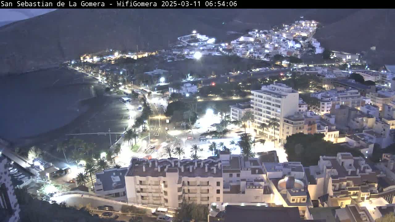 A nighttime aerial view of a coastal town with brightly lit buildings, streets, and a dark body of water in the background.