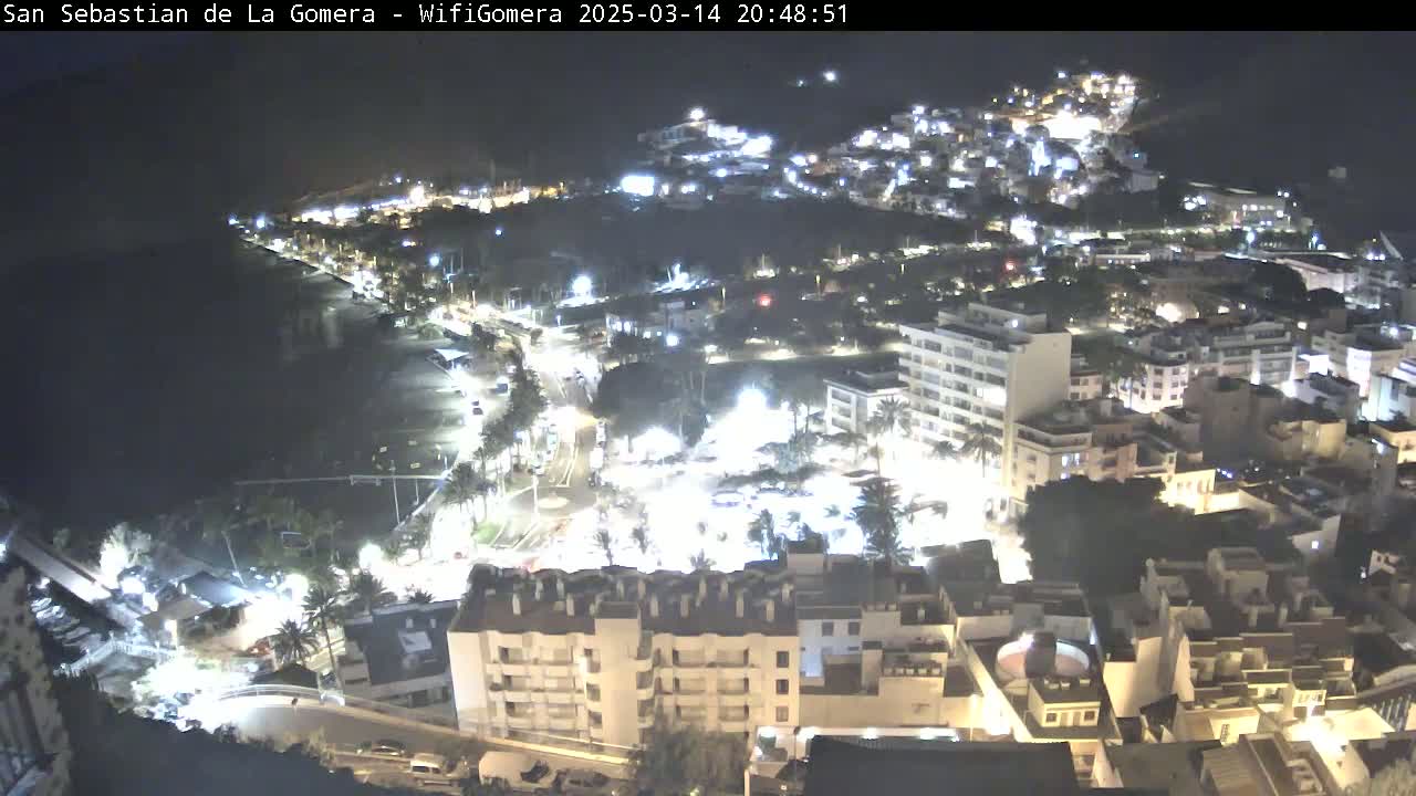 A nighttime, aerial view of a coastal town with brightly lit buildings, streets, and a beach.