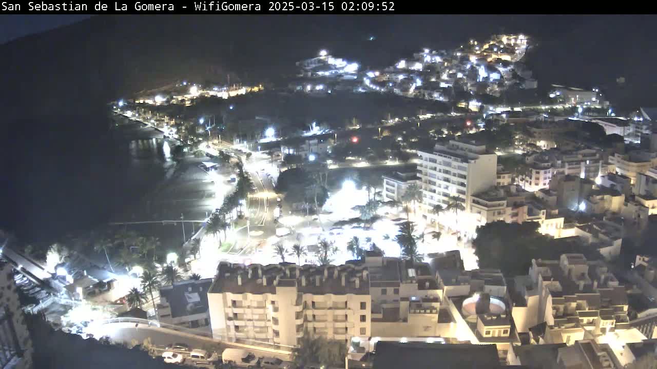 An aerial nighttime view of a coastal town with brightly lit buildings and streets, next to a dark body of water.