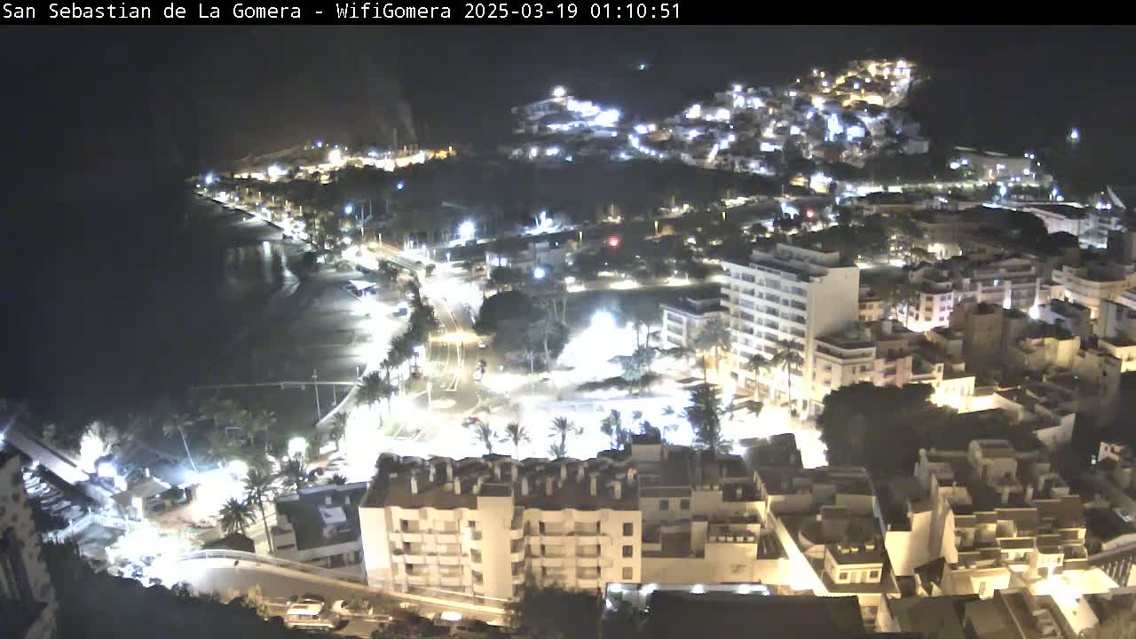 A nighttime aerial view of a coastal town, showing brightly lit buildings, streets, and a dark beach under a clear sky.
