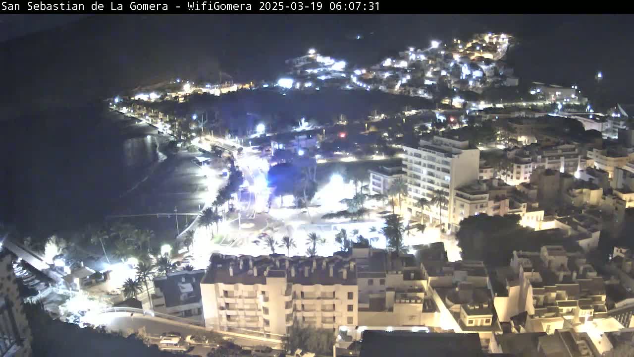 A nighttime aerial view of a coastal town shows a beach, buildings illuminated with lights, and palm trees.
