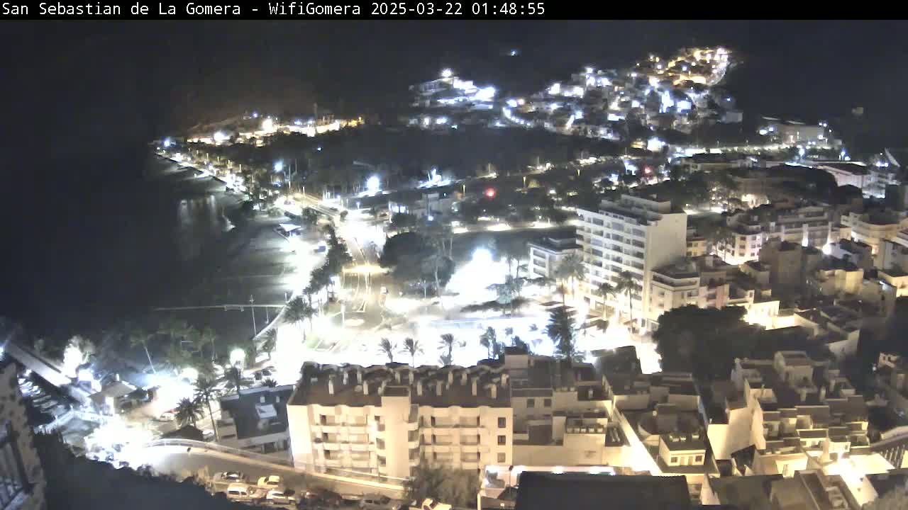A nighttime, high-angle view of a coastal town with brightly lit buildings and streets, adjacent to a dark beach and ocean.